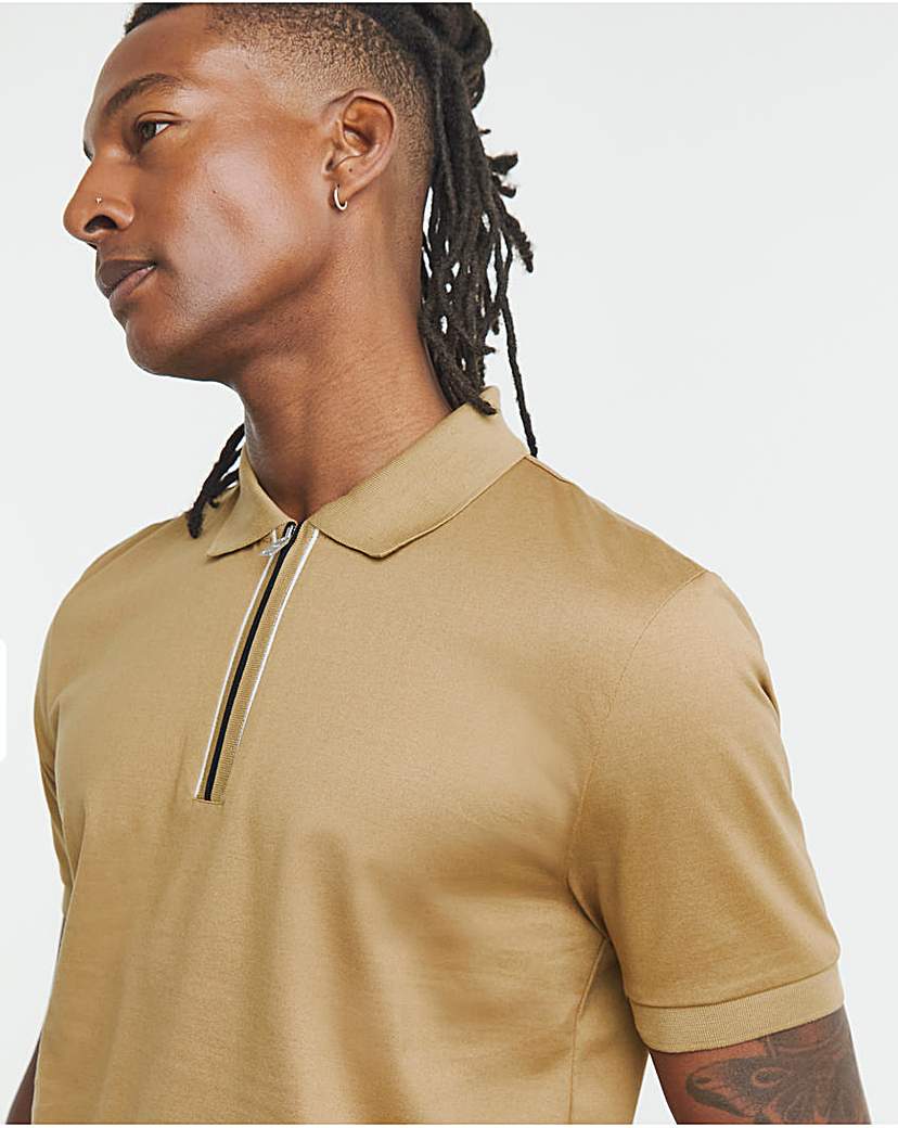 New In - BOSS Zip Neck Polo - Camel