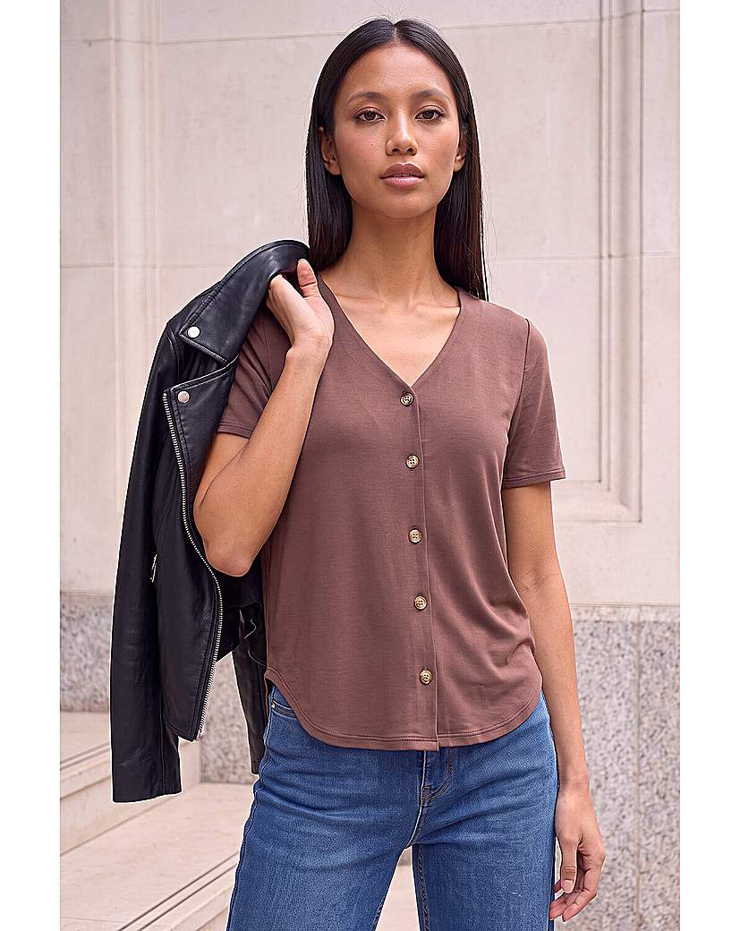 Roman Petite V-Neck Buttoned Blouse