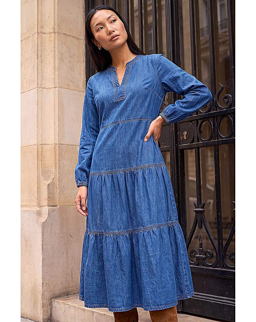 Roman Cotton Denim Tiered Midi Dress