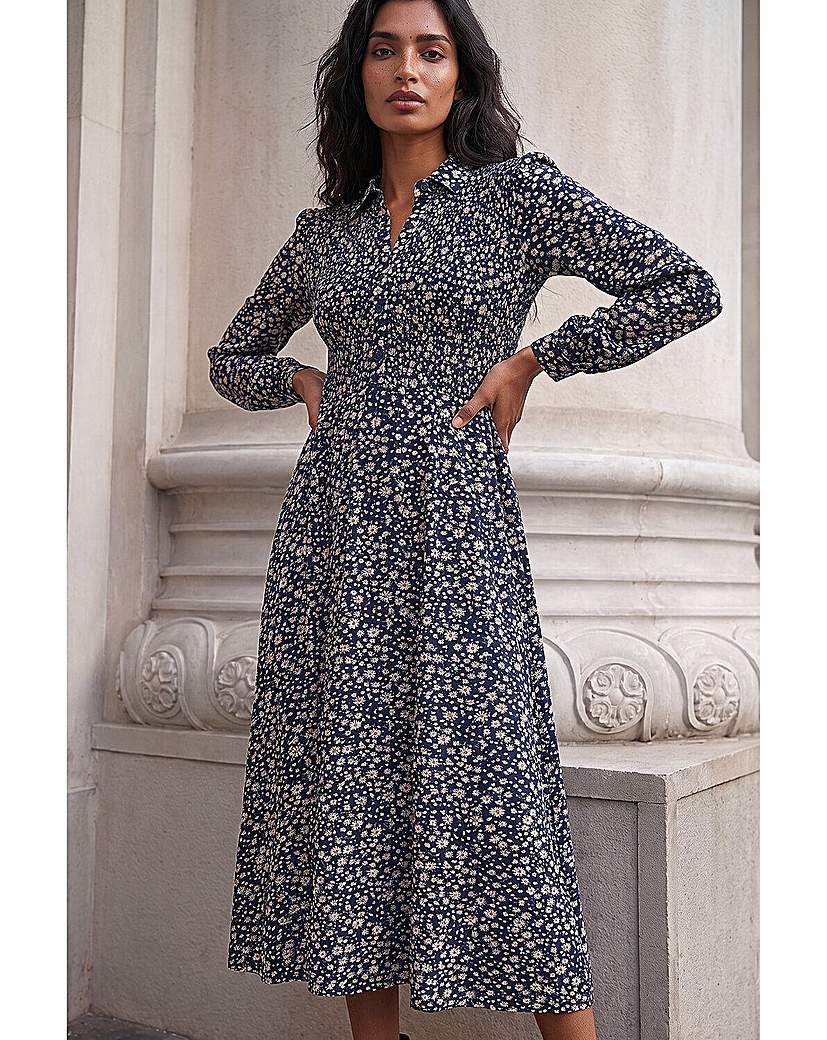 Roman Ditsy Floral Shirred Midi Dress