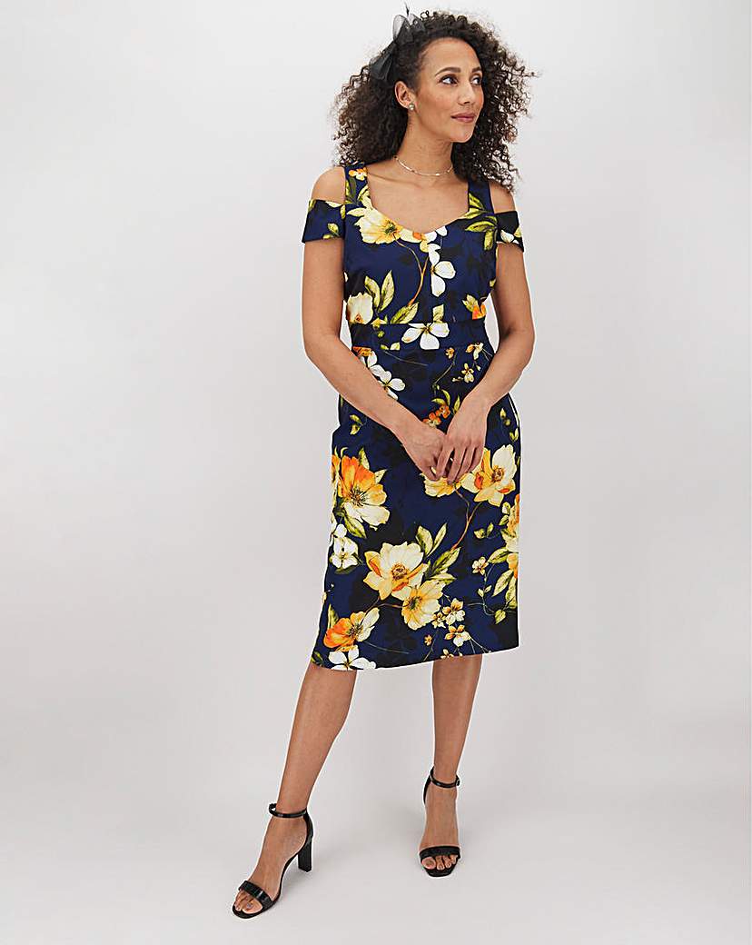 Navy Floral Cold Shoulder Bardot Dress - Navy Floral