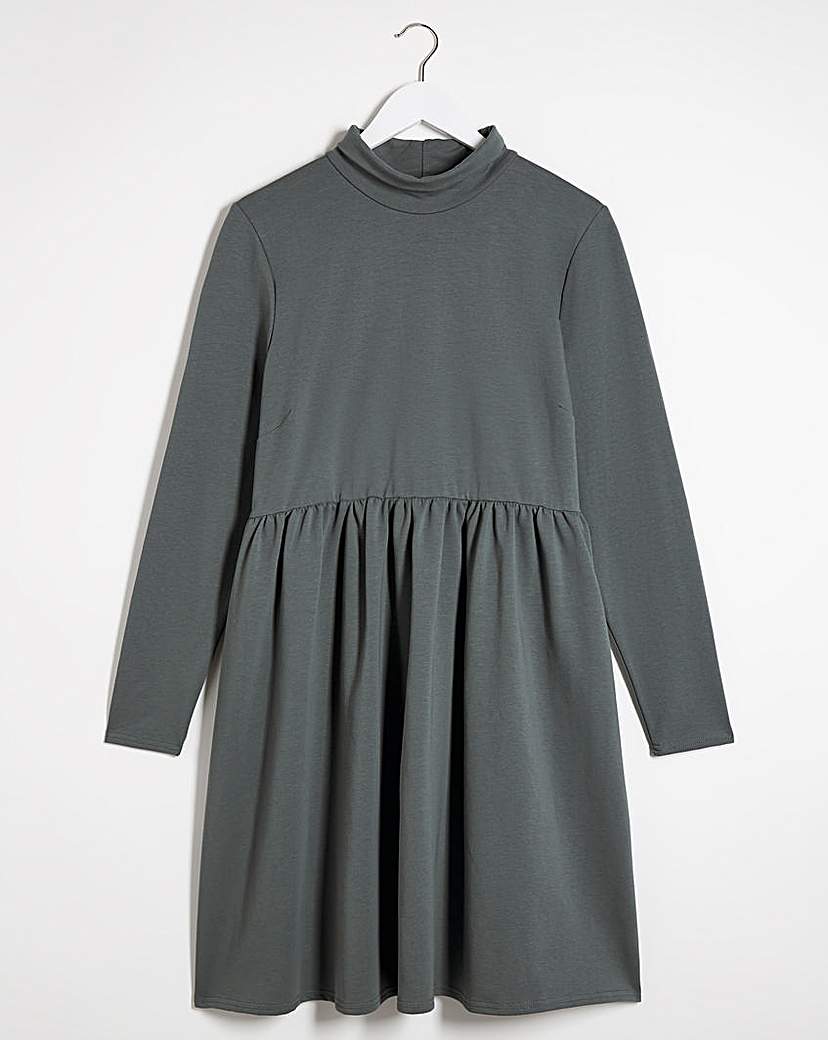 Grey High Neck Sweat Smock Dress - Grey