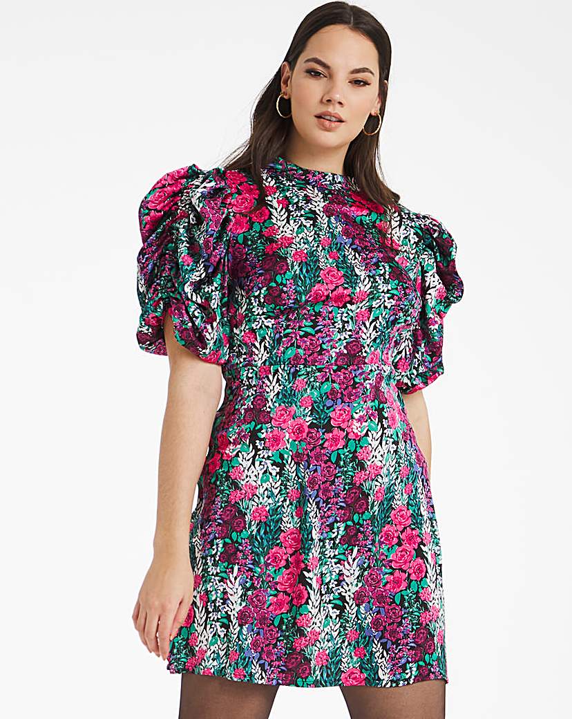 Floral Print Satin Puff Sleeve Dress