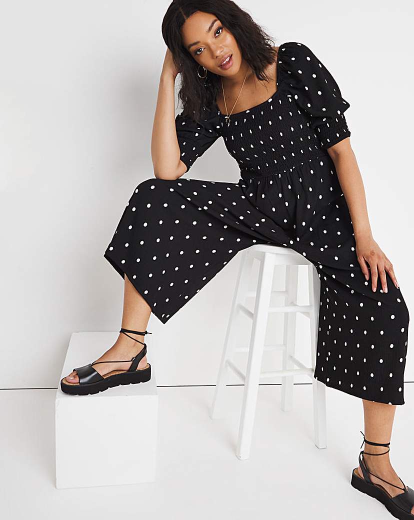 Spot Square Neck Waffle Shirred Jumpsuit