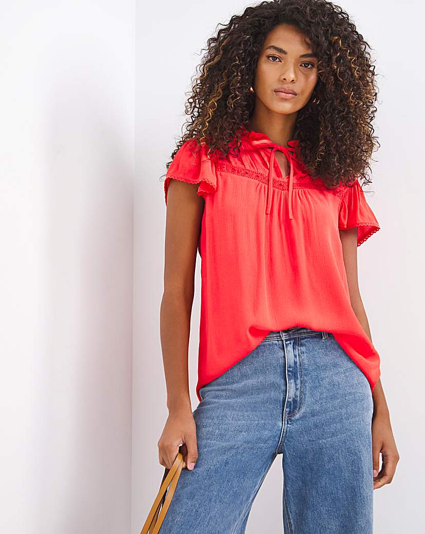 Red Tie Neck Pleated Yoke Top