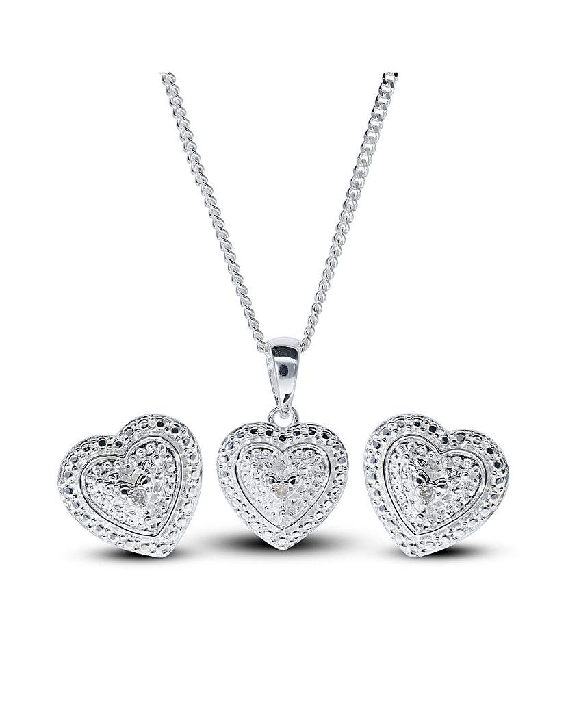 Silver Diamond Heart Earring & Pendant