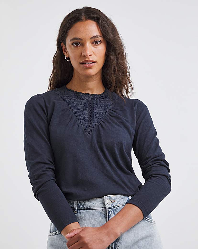 Navy Shirred Yoke Insert Top