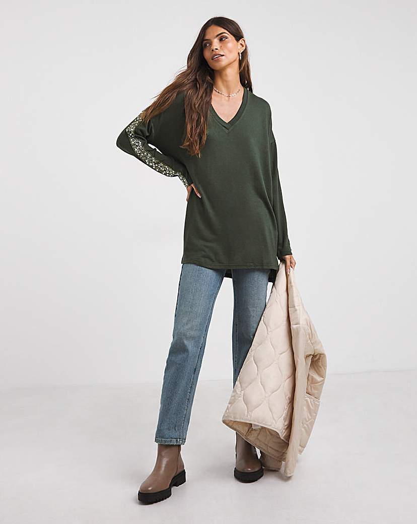Forest Green Sequin Trim Knit Look Tunic