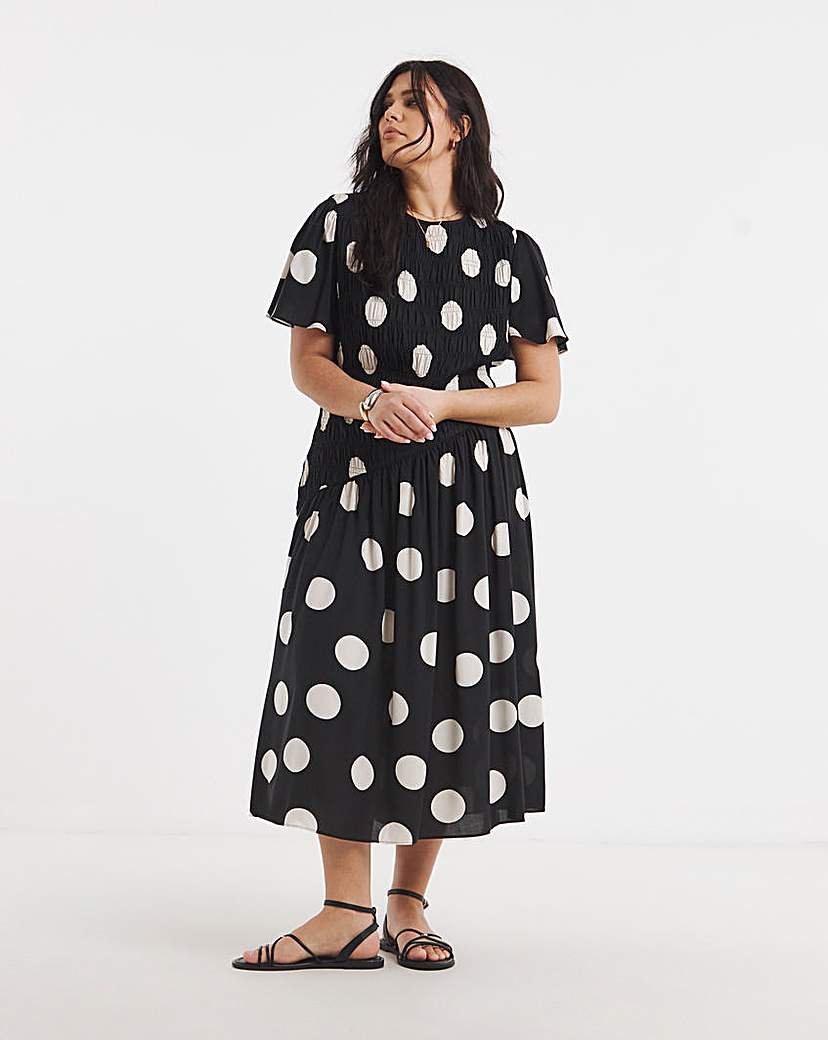 Mono Spot Print Asymm Shirred Midi Dress
