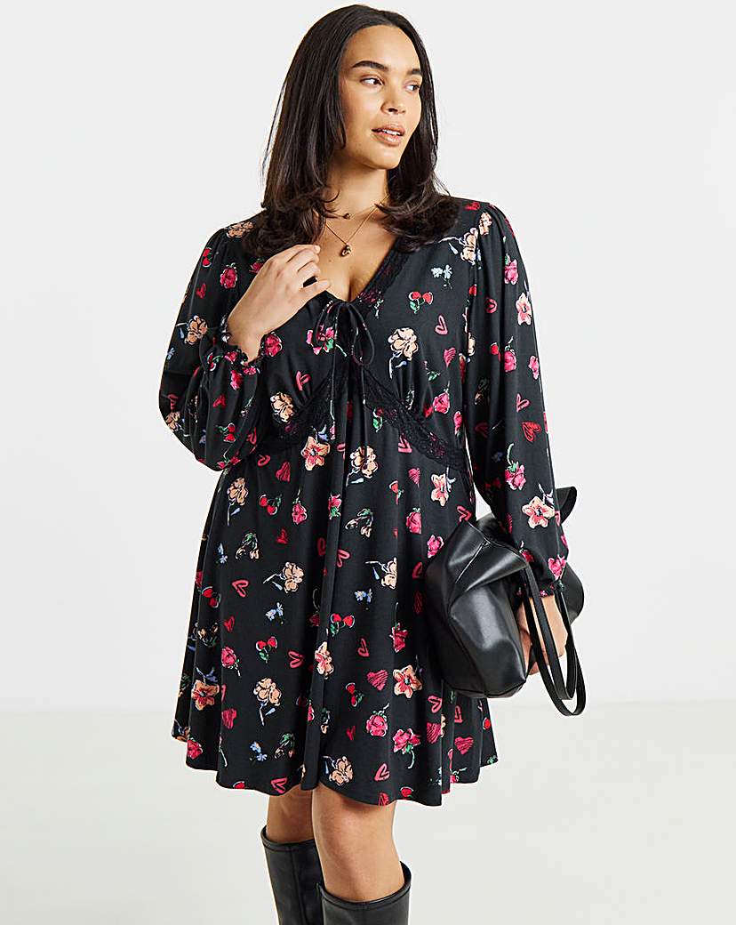 Simply Be Black Floral Lace Trim Dress