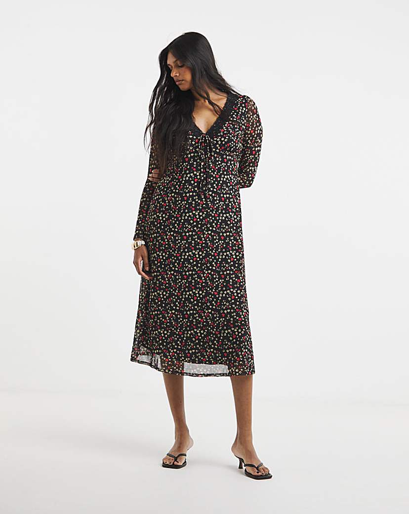 Simply Be Black Print Mesh Lace Trim Midi Dress