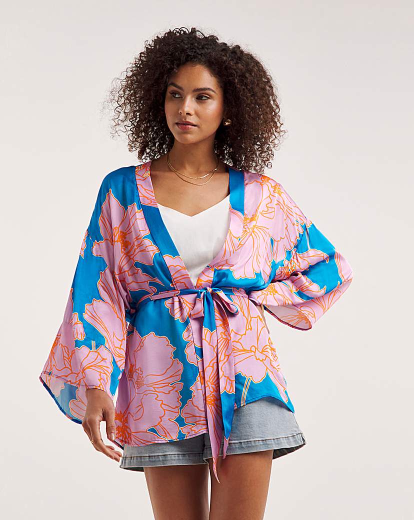 Ro&Zo Satin Floral Tie Waist Top - Blue