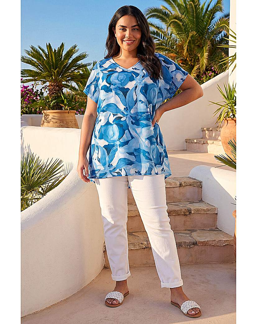 Roman Curve Women's Blue Abstract Print V-Neck Top Size 20