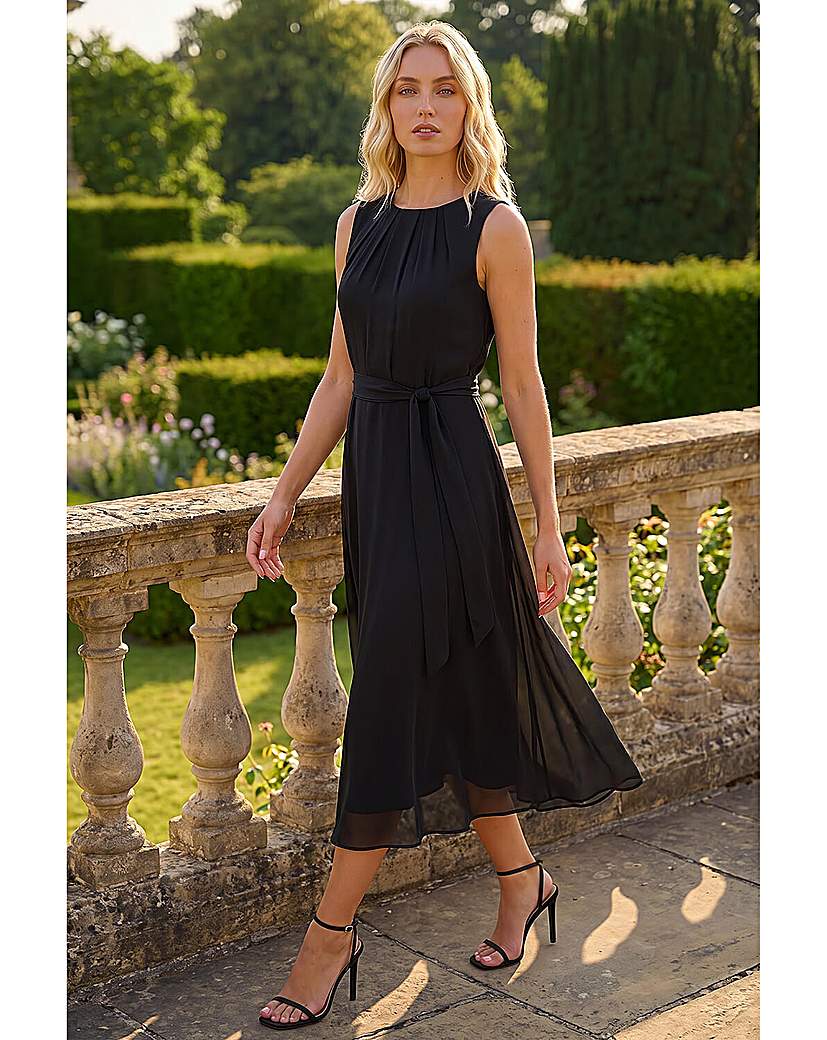 Roman Originals Women's Black Roman Chiffon Pleat Neck Midi Dress