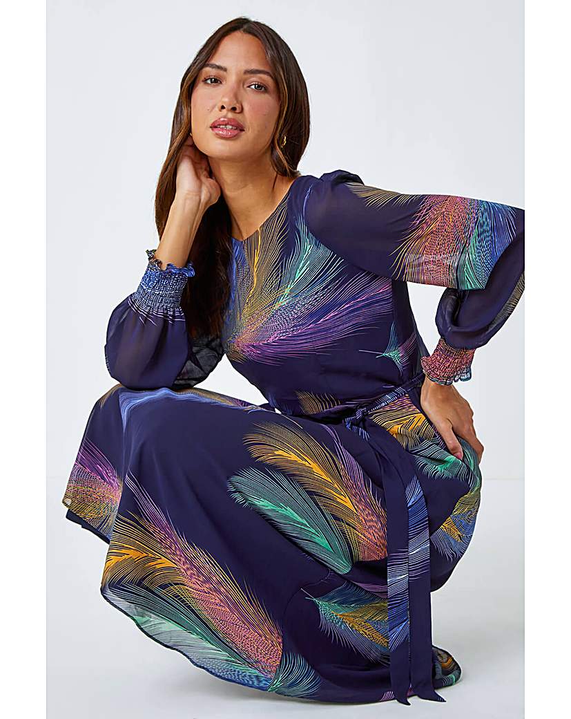 Roman Women's Purple Feather Print Belted Midi Dress Size 10 - Image 3