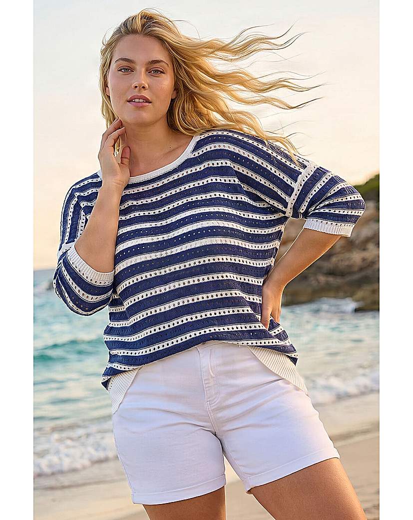 Roman Curve Crochet Stripe Knit Top