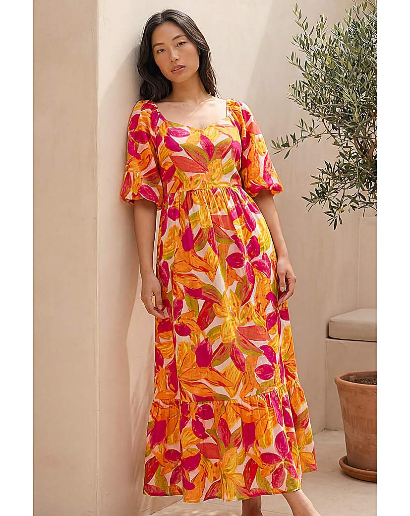 Roman Petite Orange Floral Tiered Dress - Size 12
