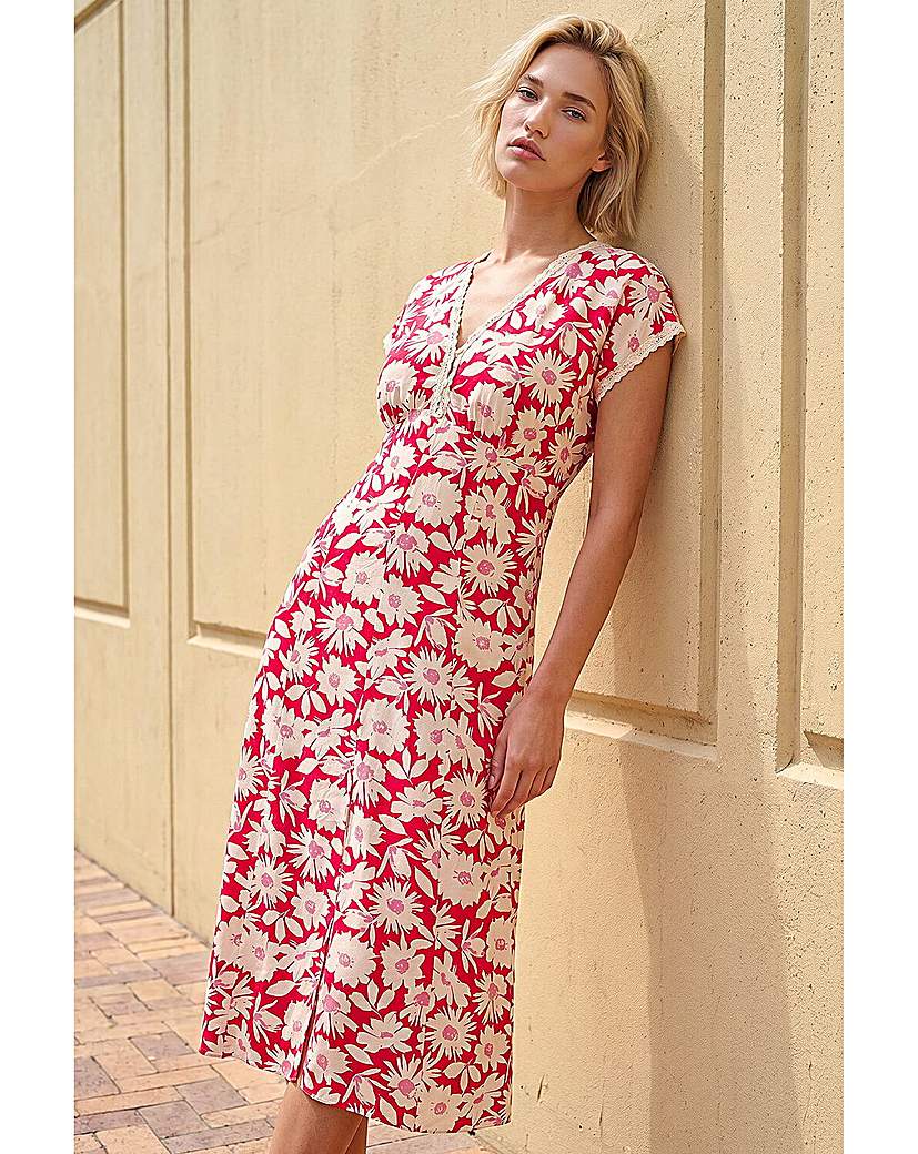 Roman Originals Women's Red Roman Daisy Print Lace Trim Midi Dress - Image 5