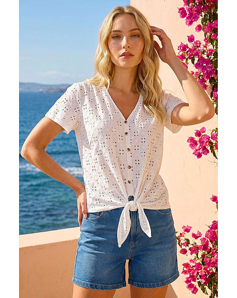 Roman Women's Ivory V-Neck Broderie Stretch Jersey Tie Front Top In Size 18 - Image 5