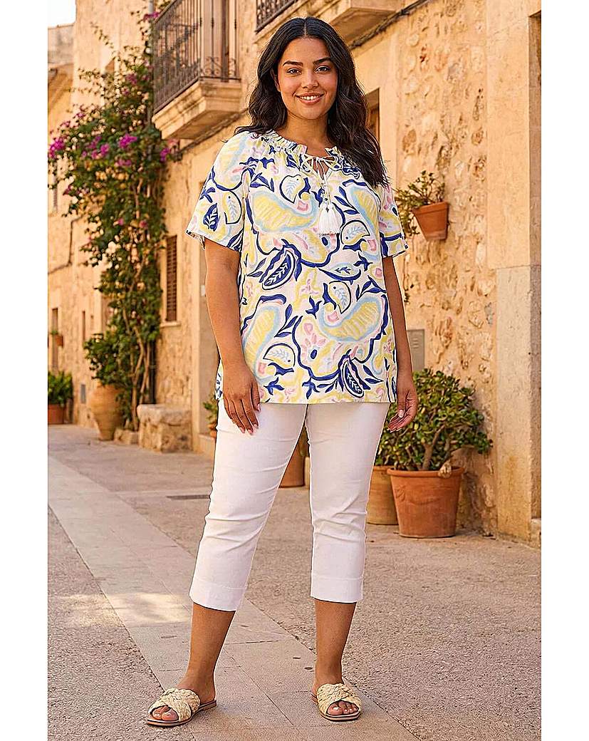 Roman Curve Women's Yellow Abstract Print Gathered Top