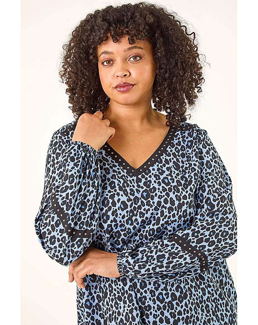 Roman Curve Women's Blue Animal Print Studded Top