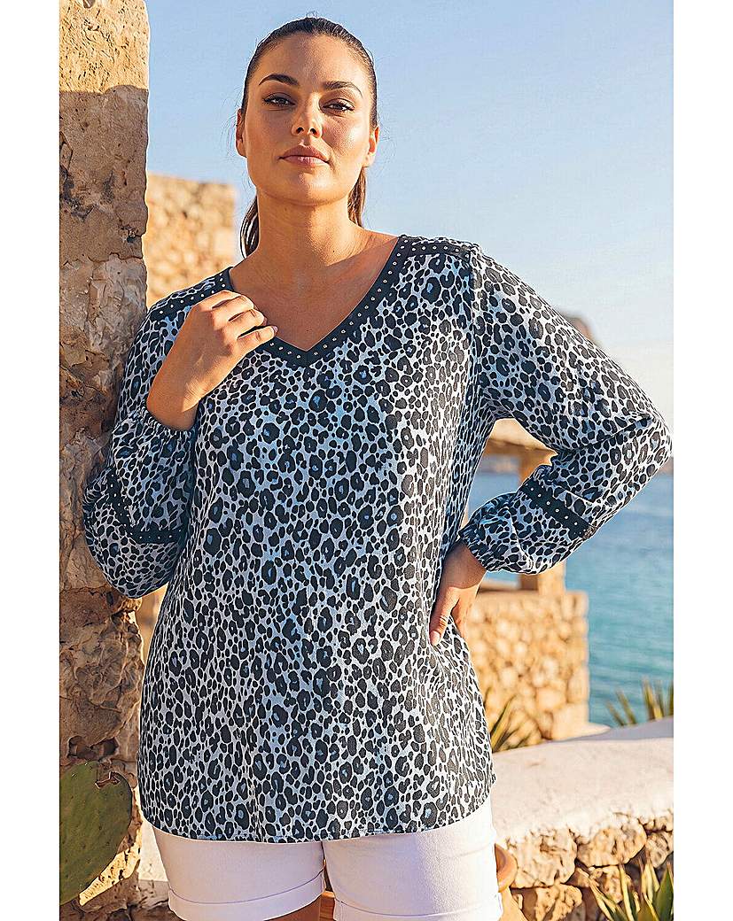 Roman Curve Animal Print Studded Top
