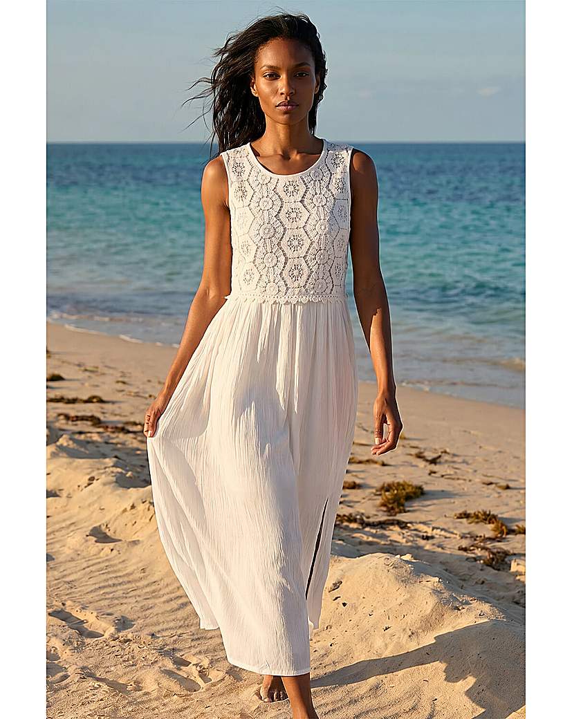 Roman Originals White Roman Crochet Bodice Midi Dress Size 12