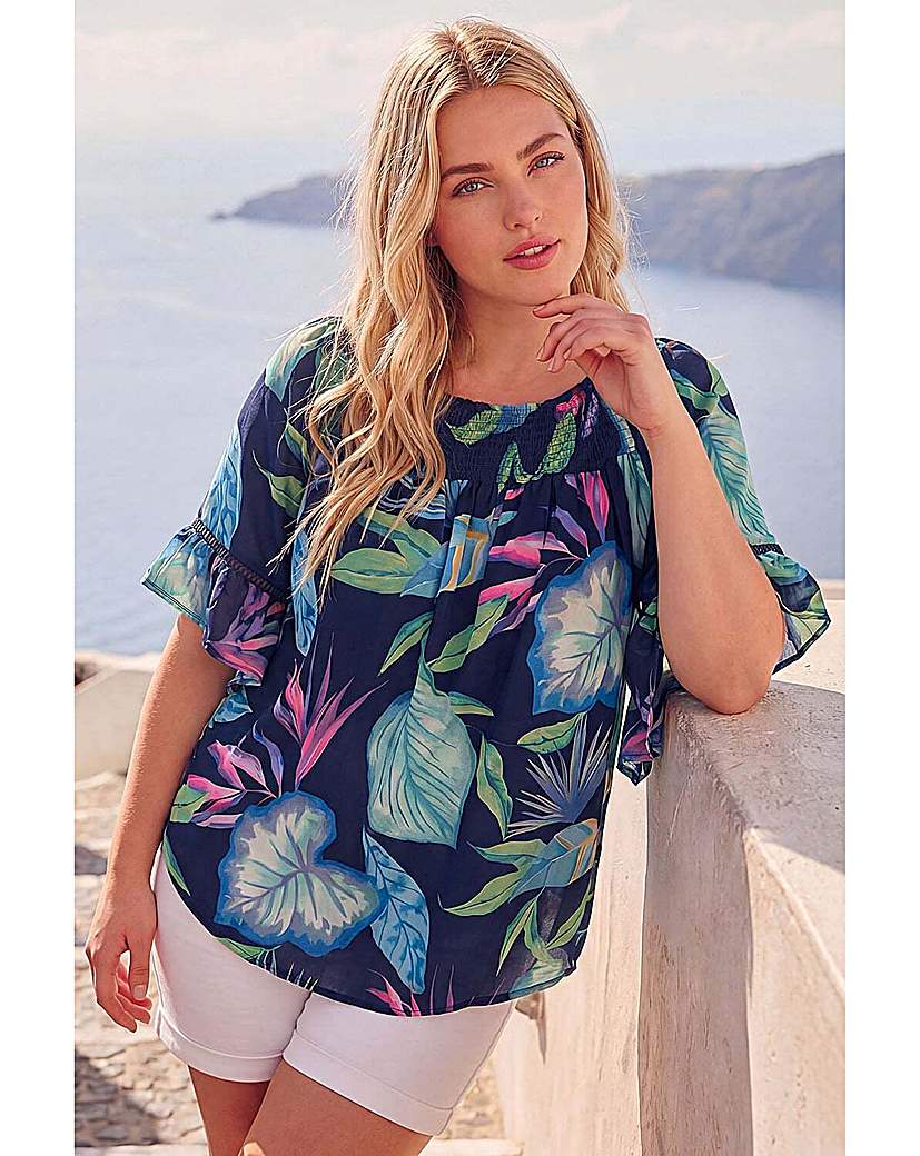 Roman Curve Women's Navy Floral Shirred Bardot Top 22/24