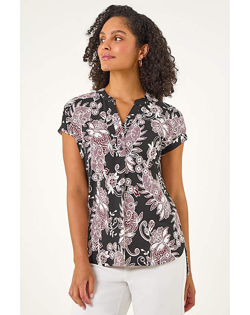 Roman Women's Black Floral Puff Print Lace Stretch Top Size 12 - Image 4