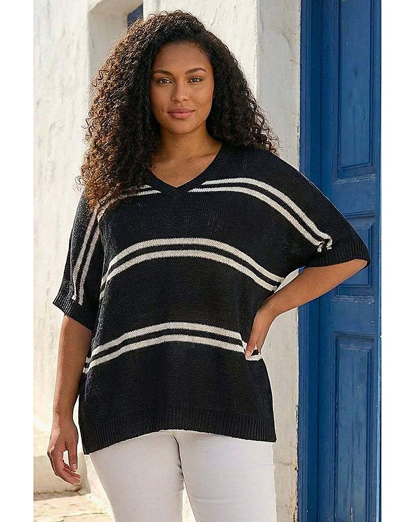 Roman Women's Curve Stripe V-Neck Knit Jumper in Black | Size: 18 - Image 3