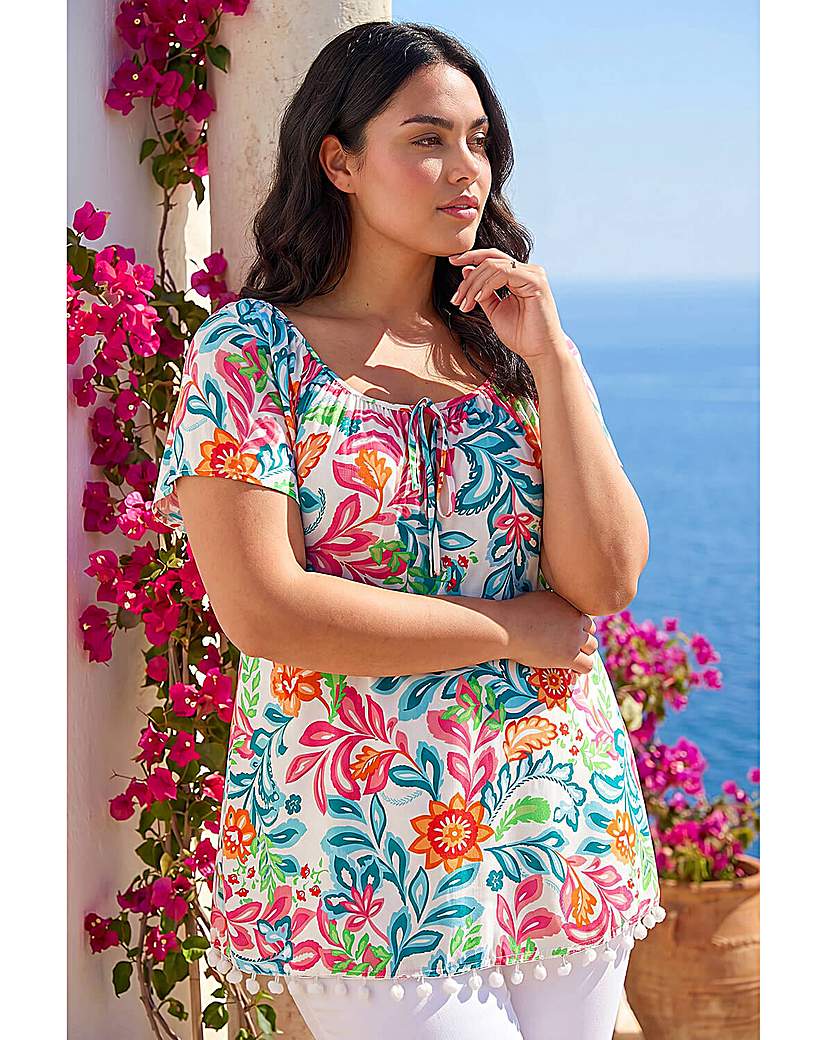 Roman Curve - Women's Bardot Top - Floral Print - Blue - Size 18