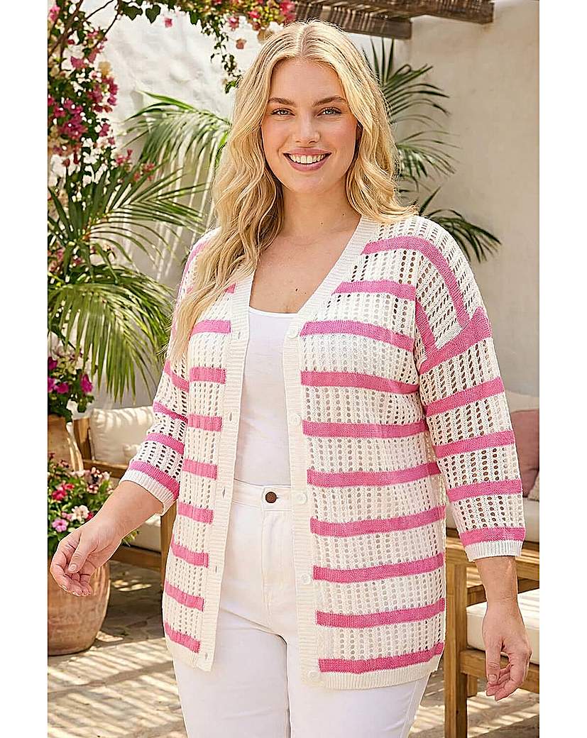 Roman Curve Women's Pink Stripe Crochet Knit Cardigan 26/28