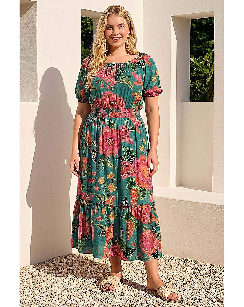 Roman Curve Green Floral Shirred Waist Dress Size 18