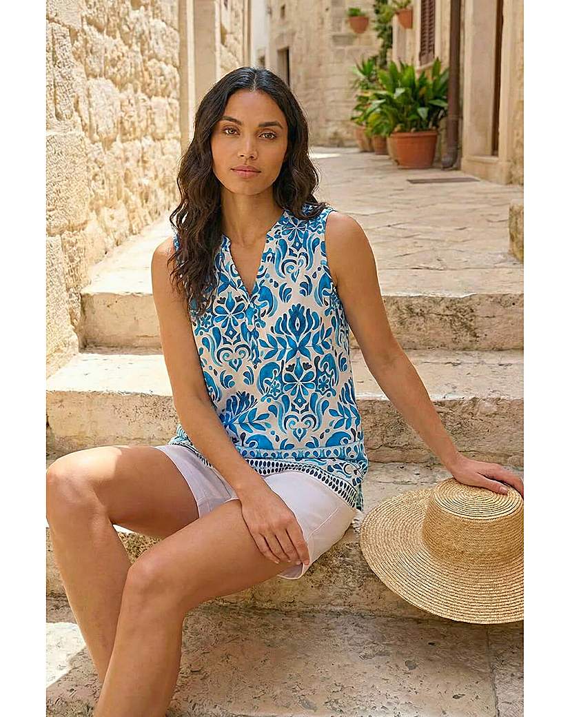 Roman Floral Border Print V-neck Top, Blue, Size 20, Women - Image 4