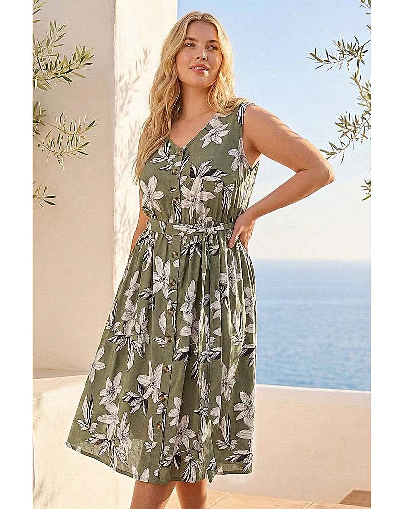 Roman Curve Khaki Floral Button Midi Dress Size 18
