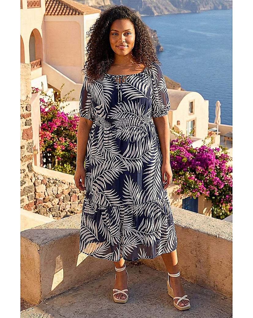 Roman Curve Navy Leaf Tie Neck Midi Dress 22/24