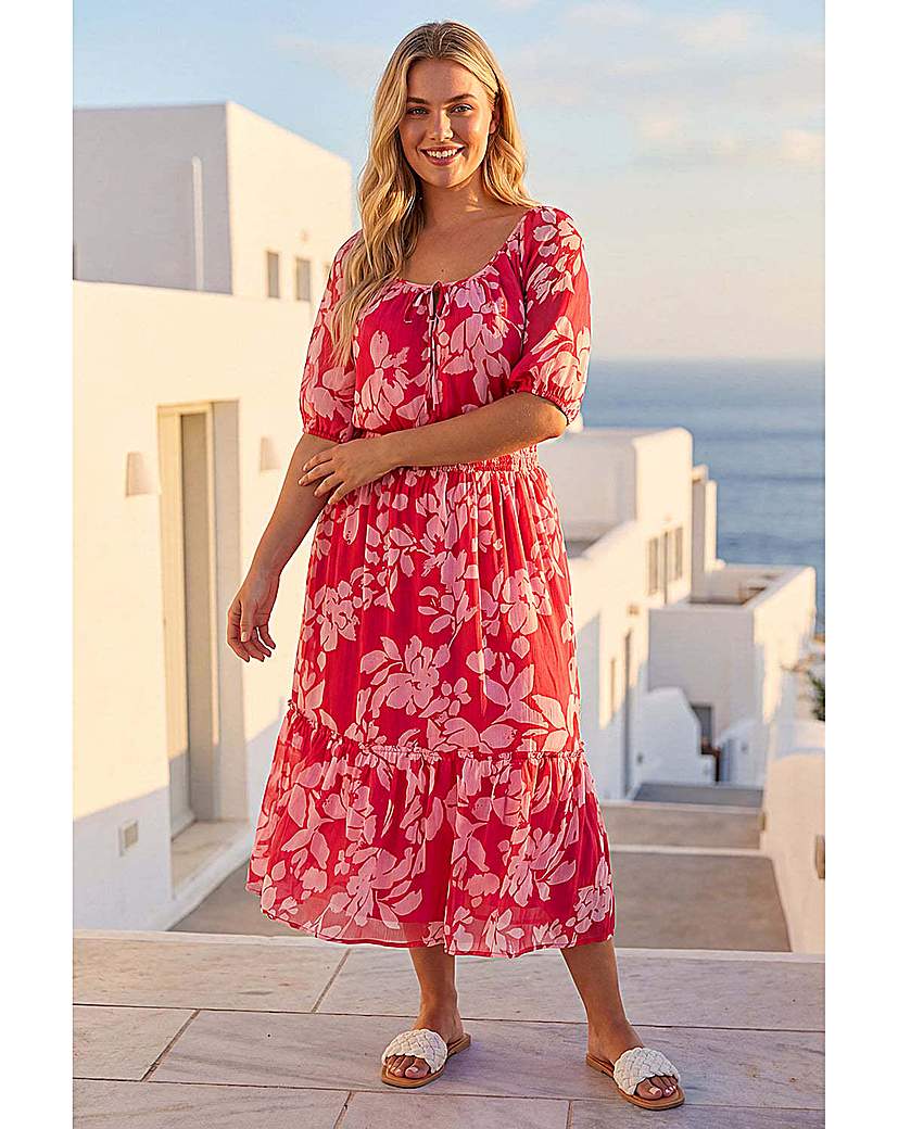 Roman Curve Pink Tropical Tie Neck Midi Dress Size 18