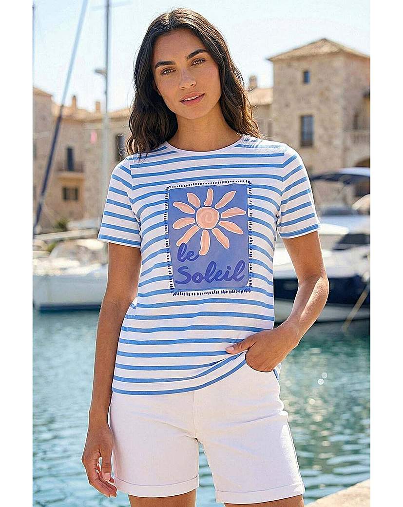 Roman Women's Blue Motif Stripe Print Cotton T-Shirt In Size 16 - Image 2