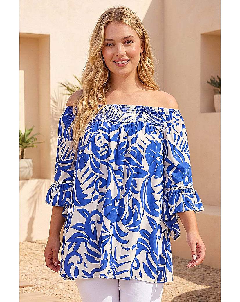 Roman Curve Women's Blue Printed Bardot Top