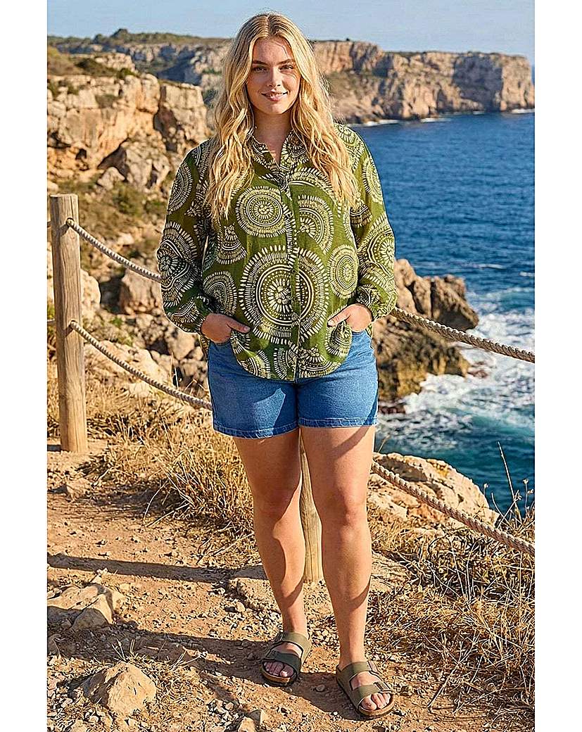 Roman Curve Women's Khaki Abstract Print Woven Shirt Size 16 - Image 3