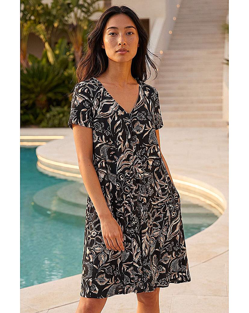 Roman Petite Black Print V-Neck Swing Dress Size 16