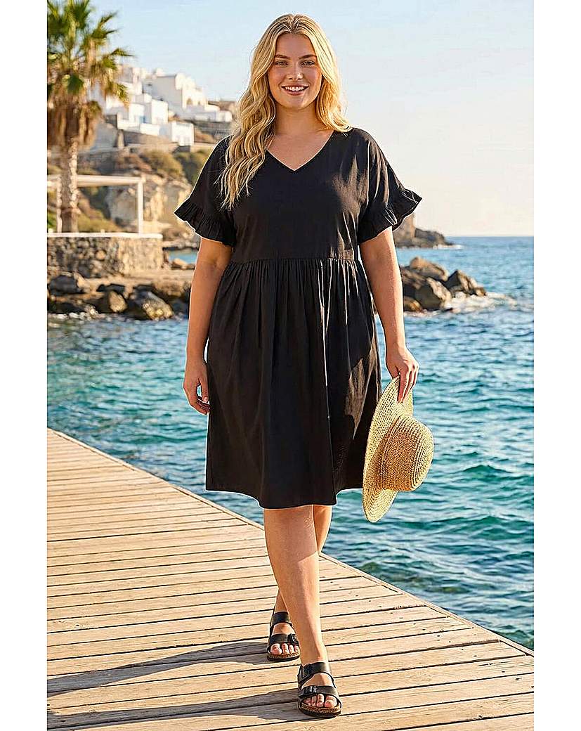 Roman Curve Women's Black Cotton V-Neck Frill Dress 22/24