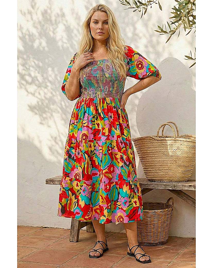 Roman Curve - Midi Dress - Floral Shirred - Pink - Size 26/28