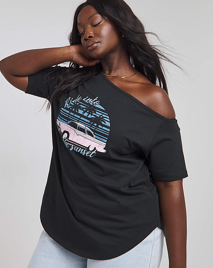 Off The Shoulder Slouchy Slogan Tee