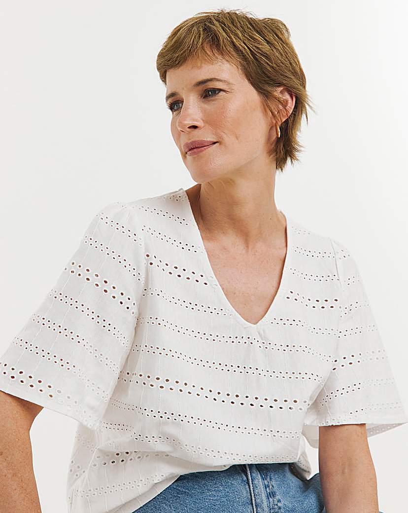 White V Neck Brioderie Angel Sleeve Top