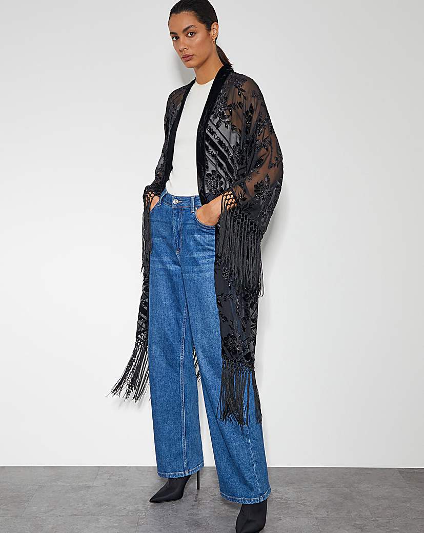 Monsoon Darcy Fringe Devore Kimono - Black