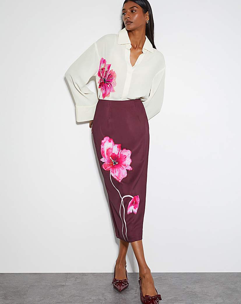 Monsoon Elizabeth Floral Midi Skirt - Burgundy
