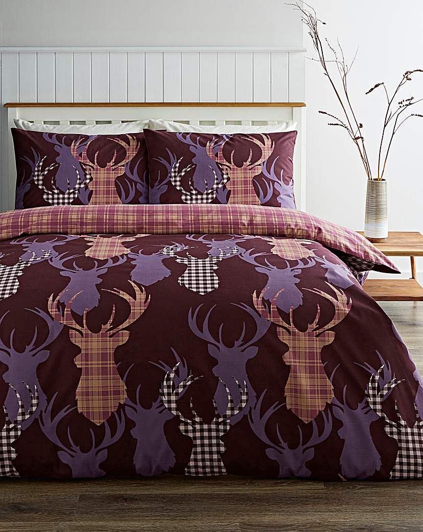 Tartan Stag Plum Reversible Duvet Set