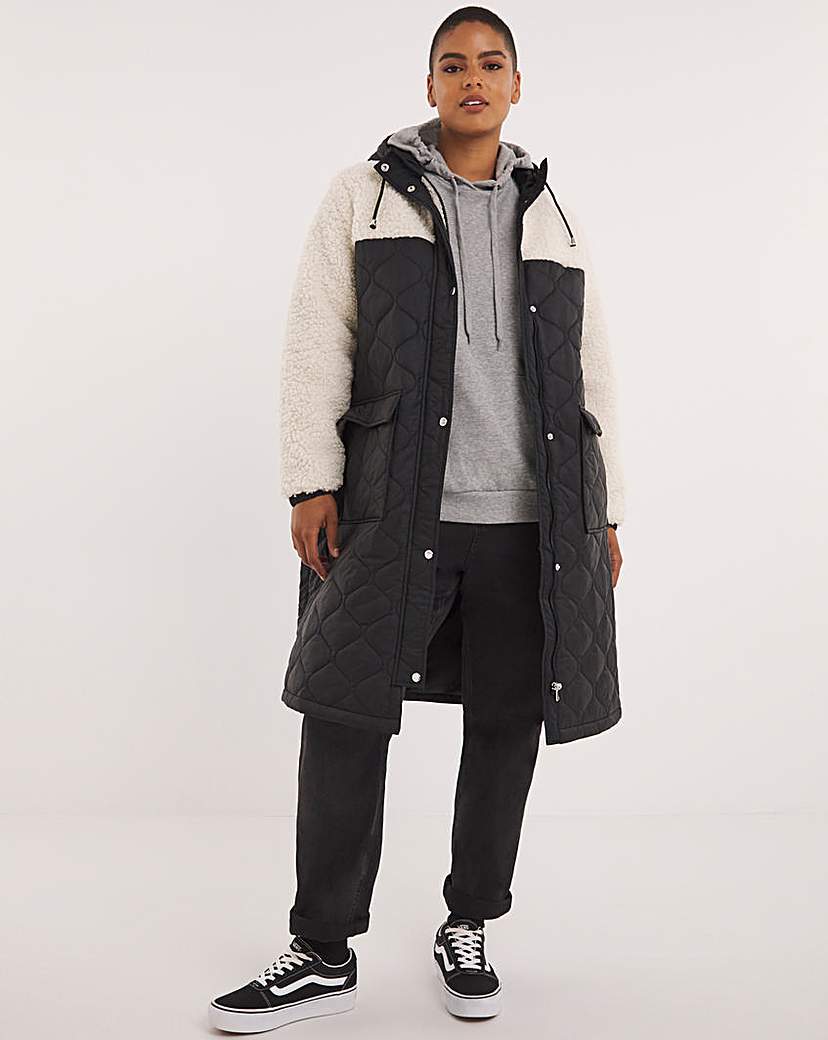 Black Quilted Shearling Hooded Maxi Coat