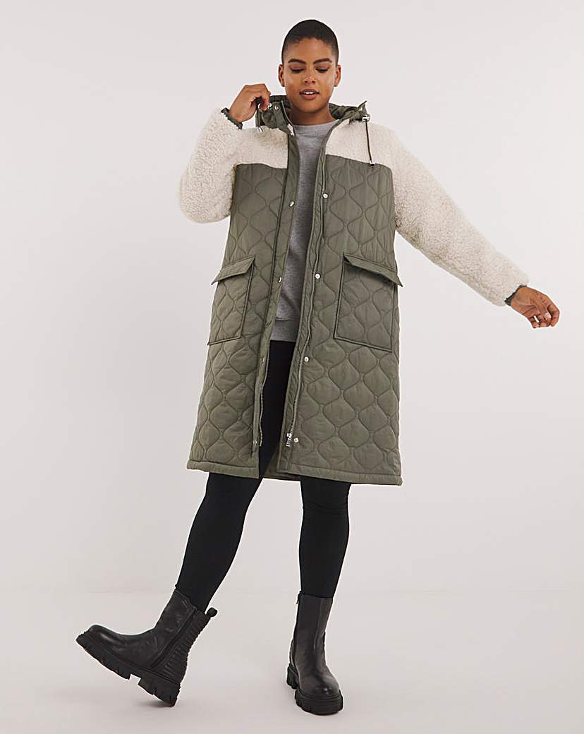 Khaki Quilted Shearling Hooded Maxi Coat